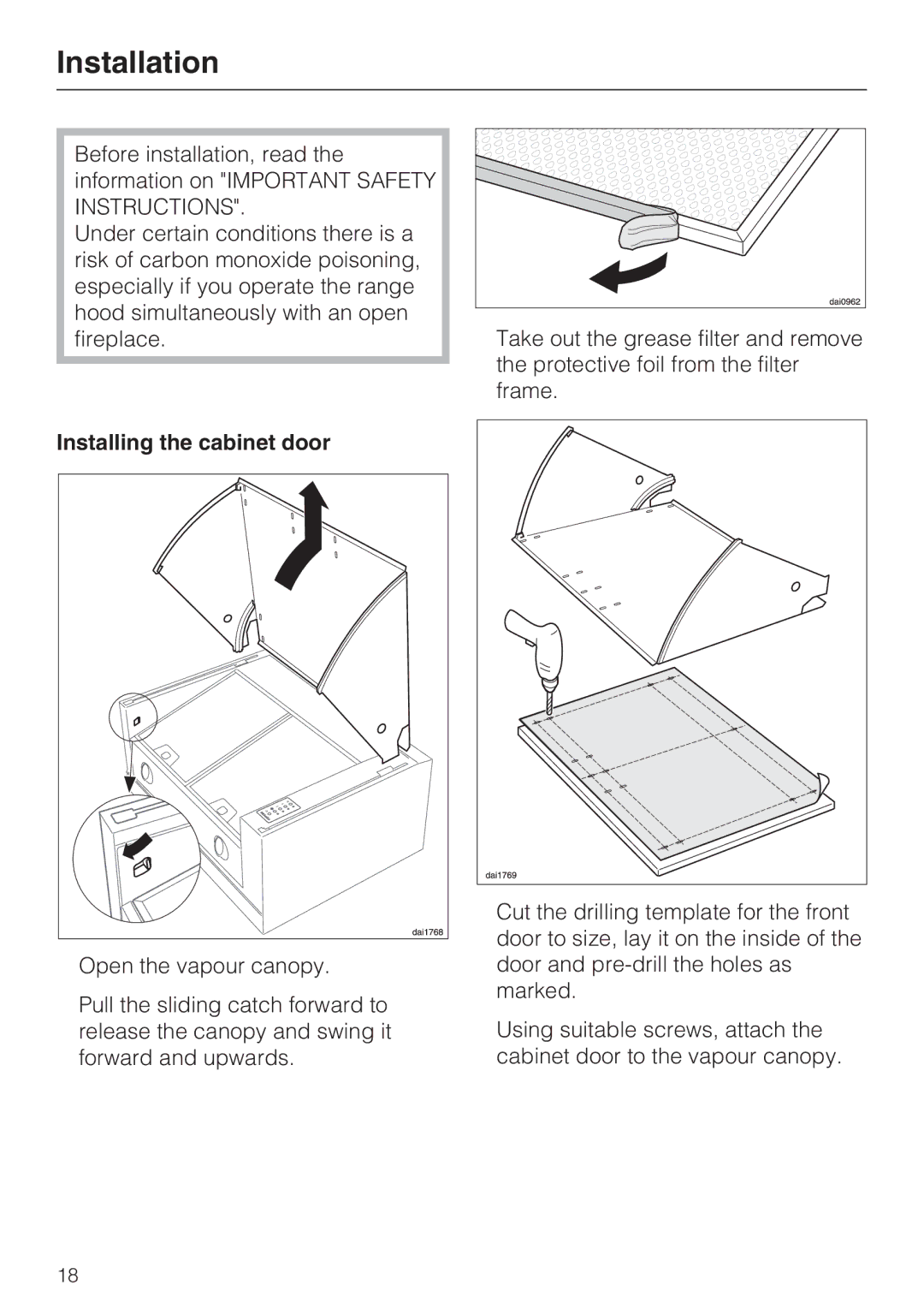 Miele DA 186, DA 188, DA 189 installation instructions Installation, Installing the cabinet door 