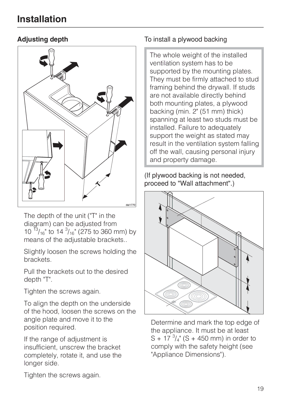 Miele DA 188, DA 186, DA 189 installation instructions Adjusting depth 