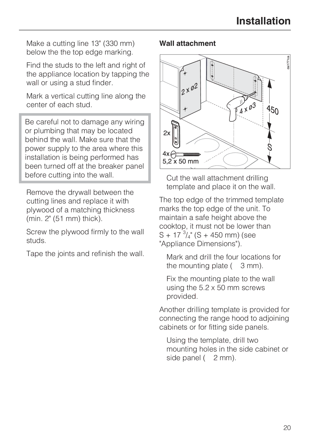 Miele DA 189, DA 186, DA 188 installation instructions Wall attachment 