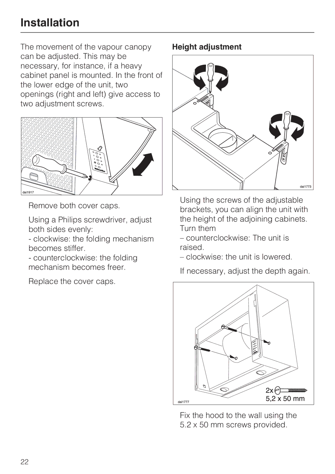 Miele DA 188, DA 186, DA 189 installation instructions Height adjustment 