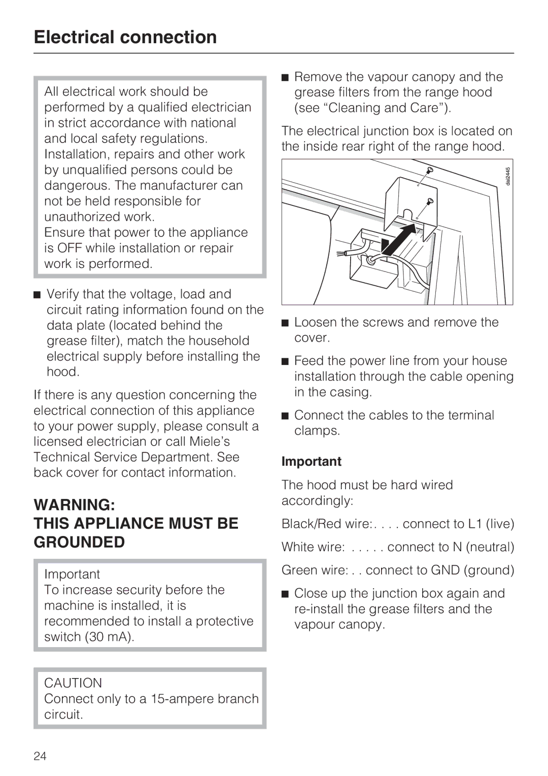 Miele DA 186, DA 188, DA 189 installation instructions Electrical connection, This Appliance Must be Grounded 