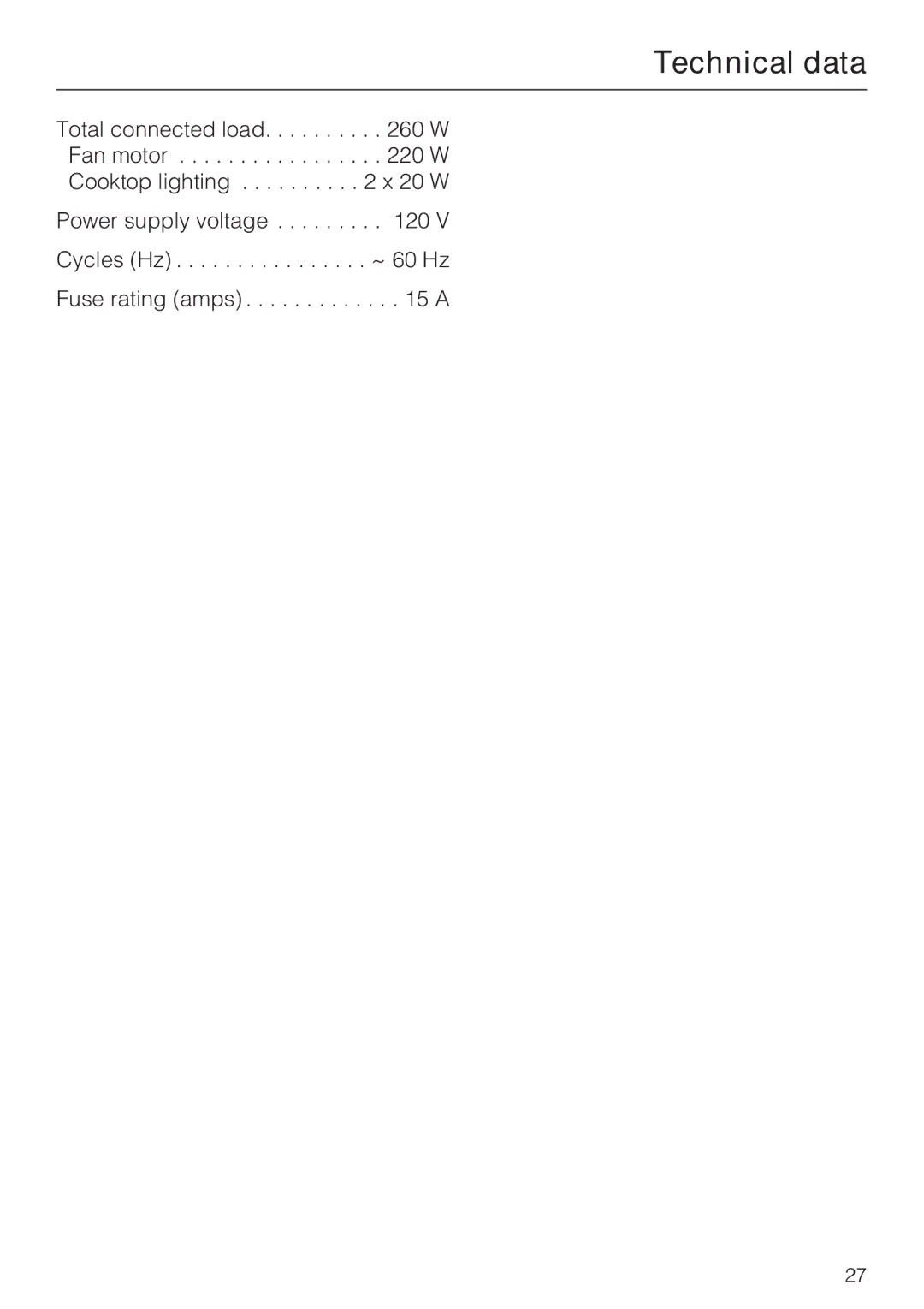 Miele DA 186, DA 188, DA 189 installation instructions Technical data 