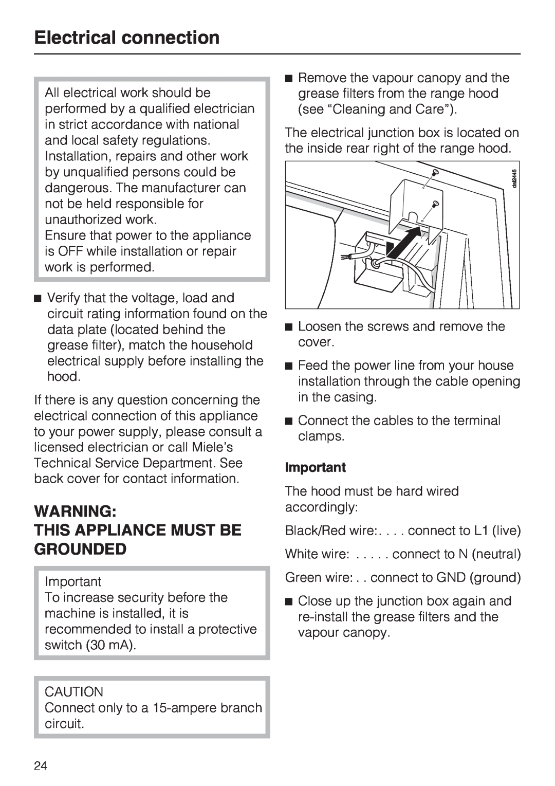 Miele DA 186, DA 188, DA 189 installation instructions Electrical connection, This Appliance Must Be Grounded 