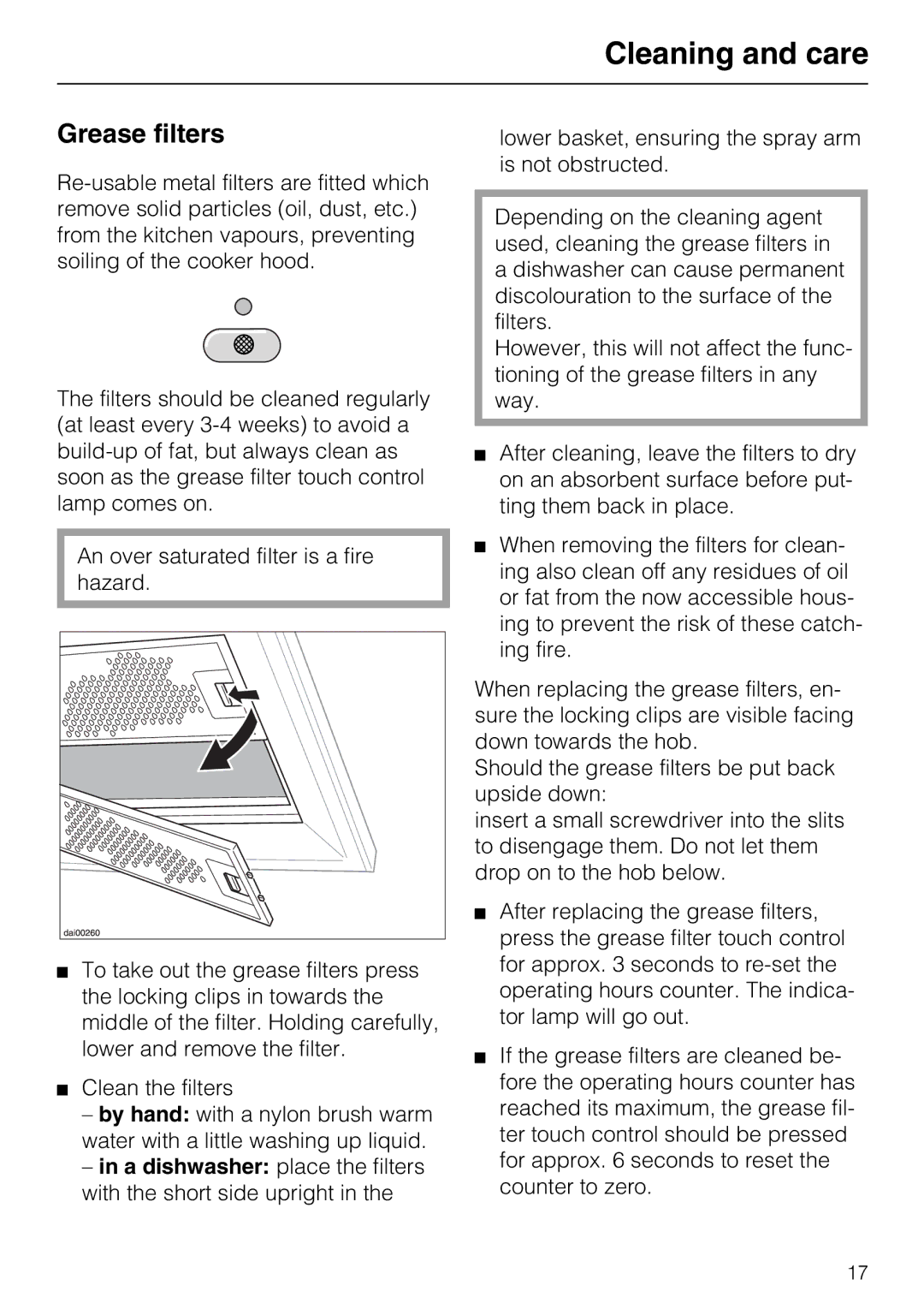 Miele DA 219-2 EXT, DA 216-2 EXT, DA 217-2 installation instructions Grease filters 