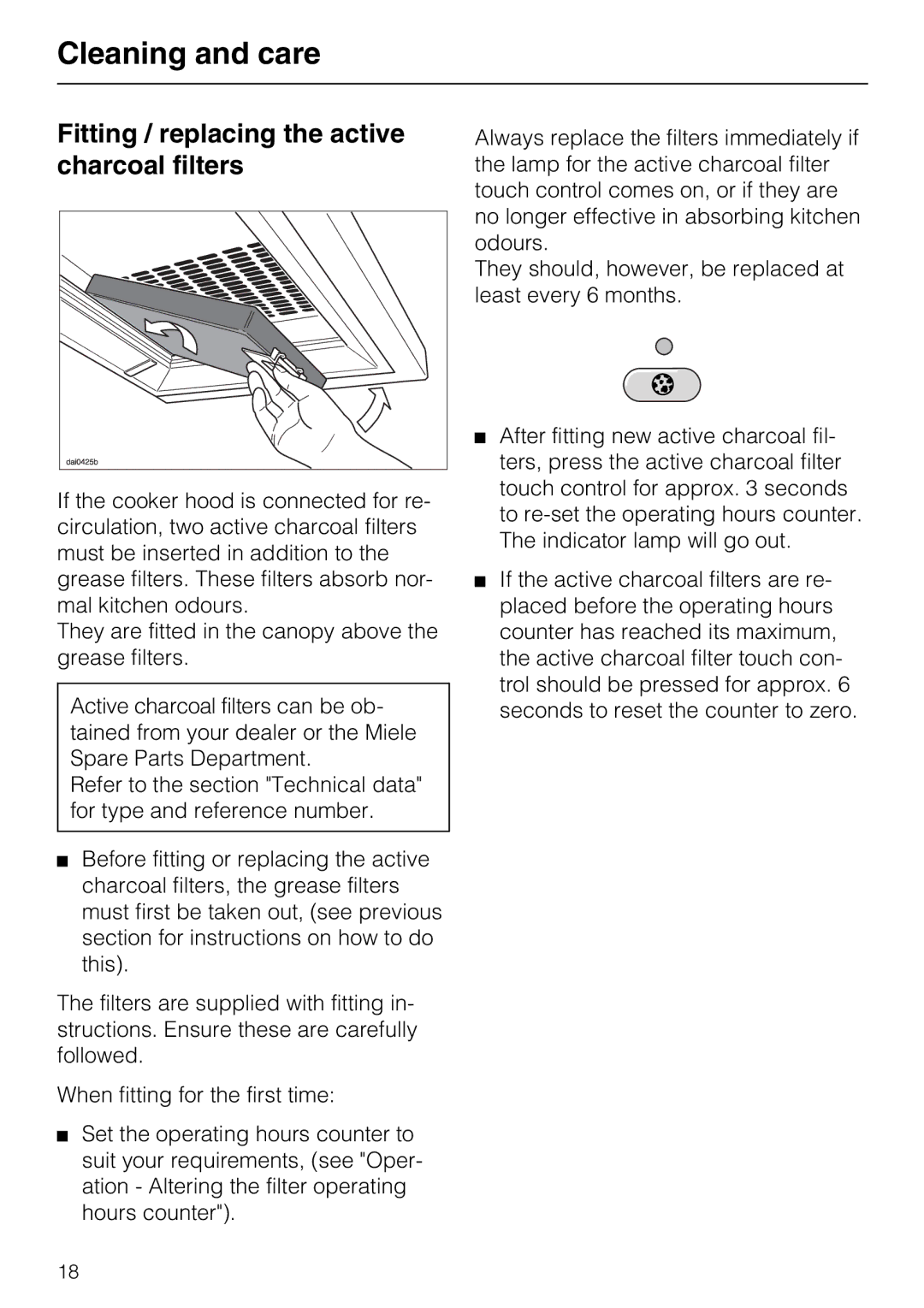 Miele DA 217-2, DA 216-2 EXT, DA 219-2 EXT installation instructions Fitting / replacing the active charcoal filters 