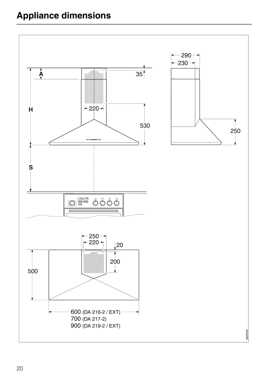 Miele DA 216-2 EXT, DA 219-2 EXT, DA 217-2 installation instructions Appliance dimensions 