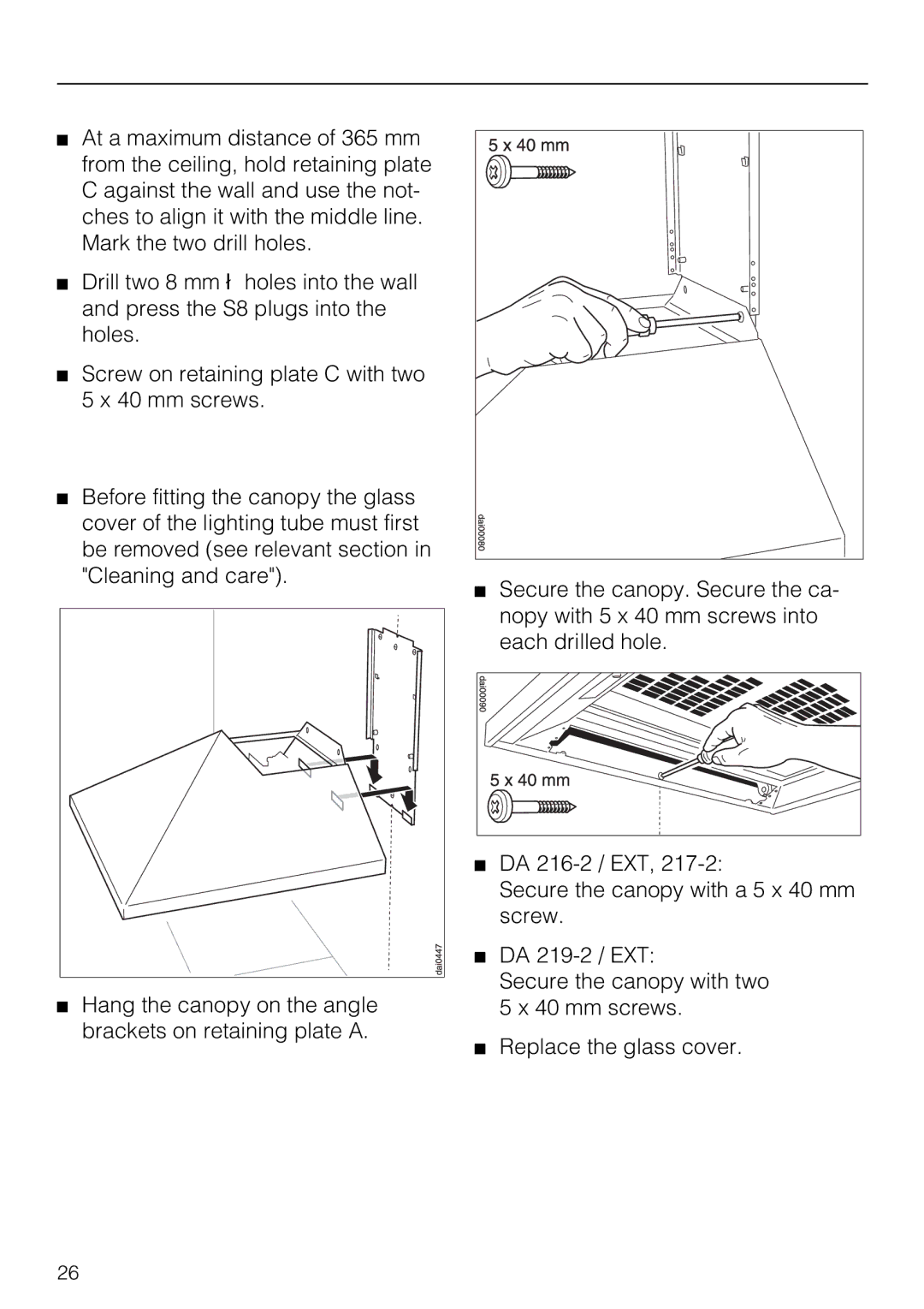 Miele DA 216-2 EXT, DA 219-2 EXT, DA 217-2 installation instructions Canopy 