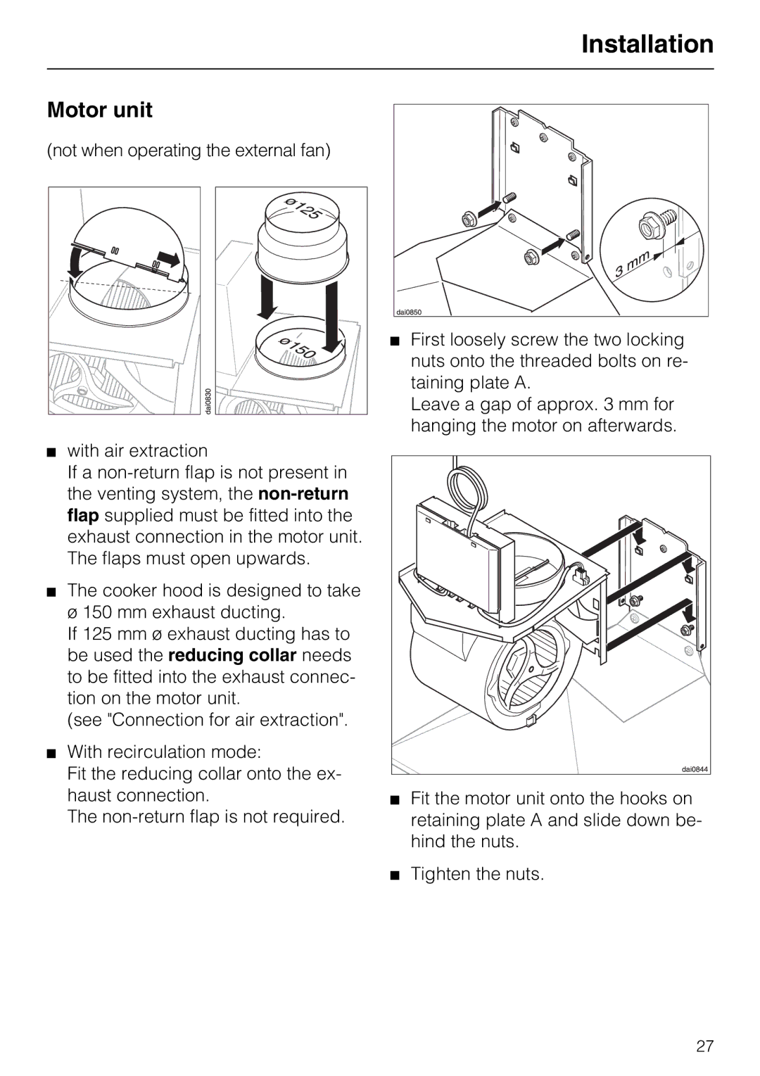 Miele DA 219-2 EXT, DA 216-2 EXT, DA 217-2 installation instructions Motor unit 