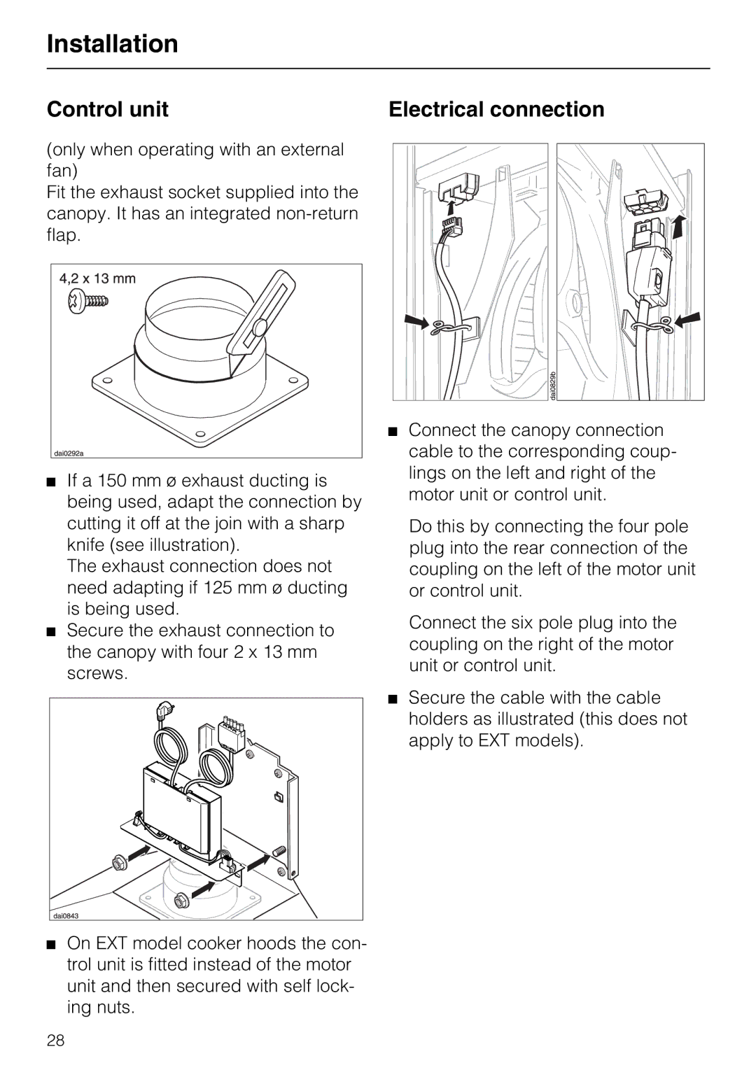 Miele DA 217-2, DA 216-2 EXT, DA 219-2 EXT installation instructions Control unit Electrical connection 