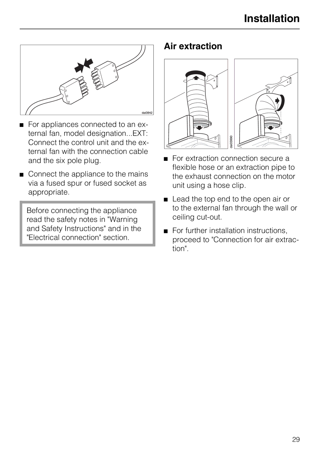 Miele DA 216-2 EXT, DA 219-2 EXT, DA 217-2 installation instructions Air extraction 