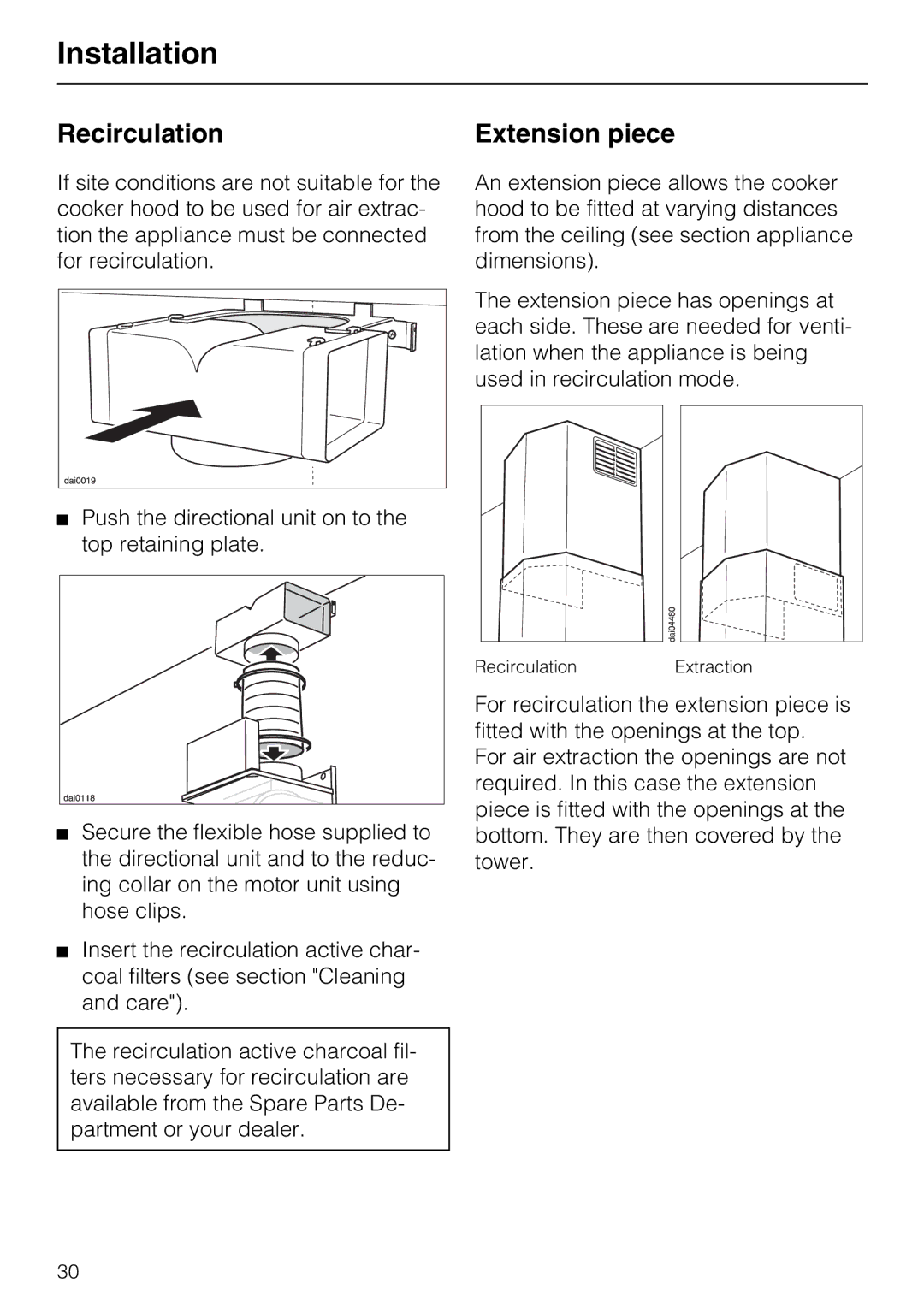 Miele DA 216-2 EXT, DA 219-2 EXT, DA 217-2 installation instructions Recirculation, Extension piece 