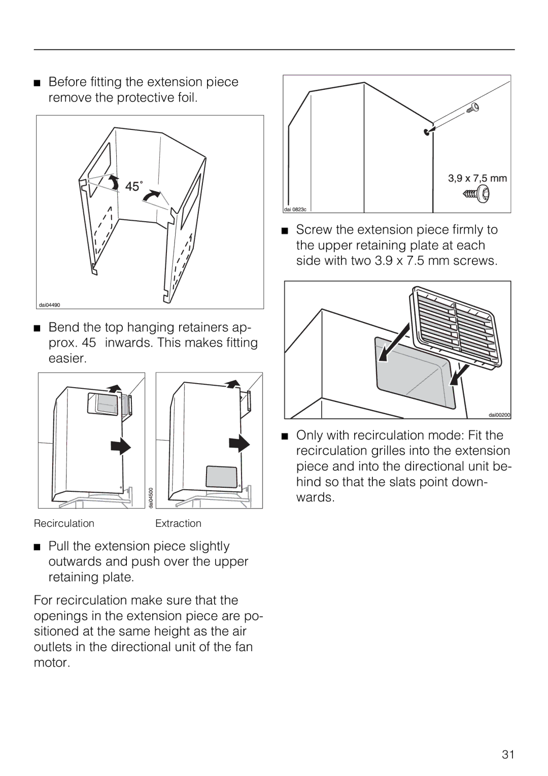 Miele DA 216-2 EXT, DA 219-2 EXT, DA 217-2 installation instructions RecirculationExtraction 