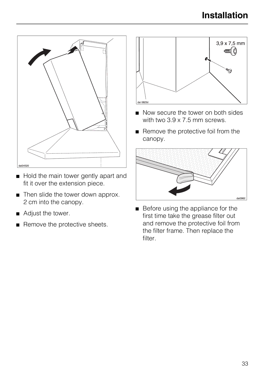 Miele DA 217-2, DA 216-2 EXT, DA 219-2 EXT installation instructions Installation 