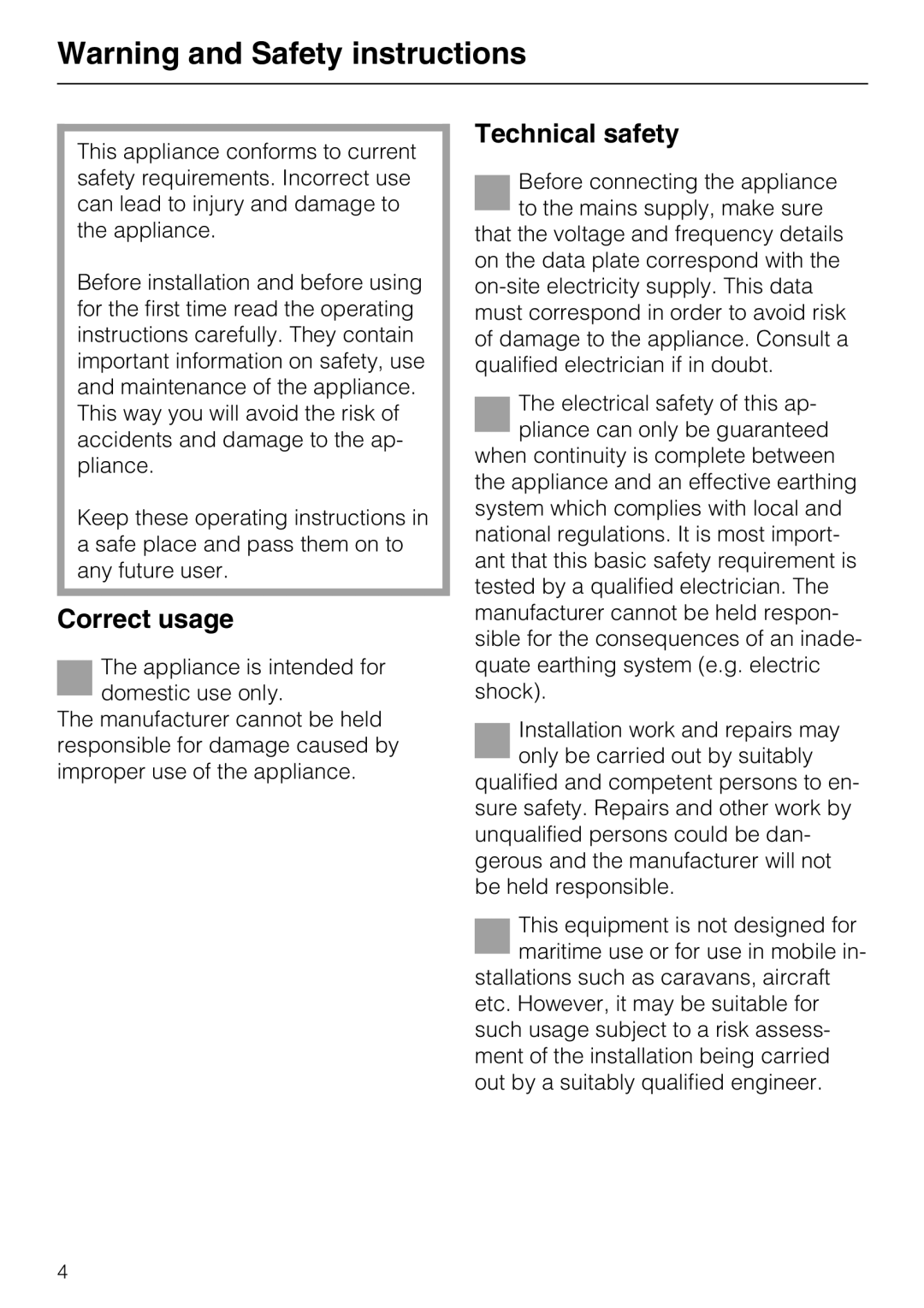 Miele DA 216-2 EXT, DA 219-2 EXT, DA 217-2 installation instructions Correct usage, Technical safety 