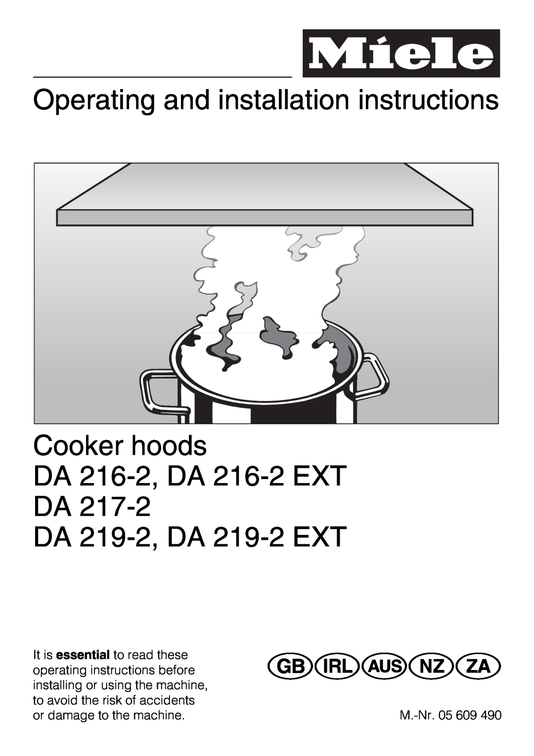 Miele DA 216-2 EXT installation instructions Operating and installation instructions, Cooker hoods DA 216-2,DA 216-2EXT DA 