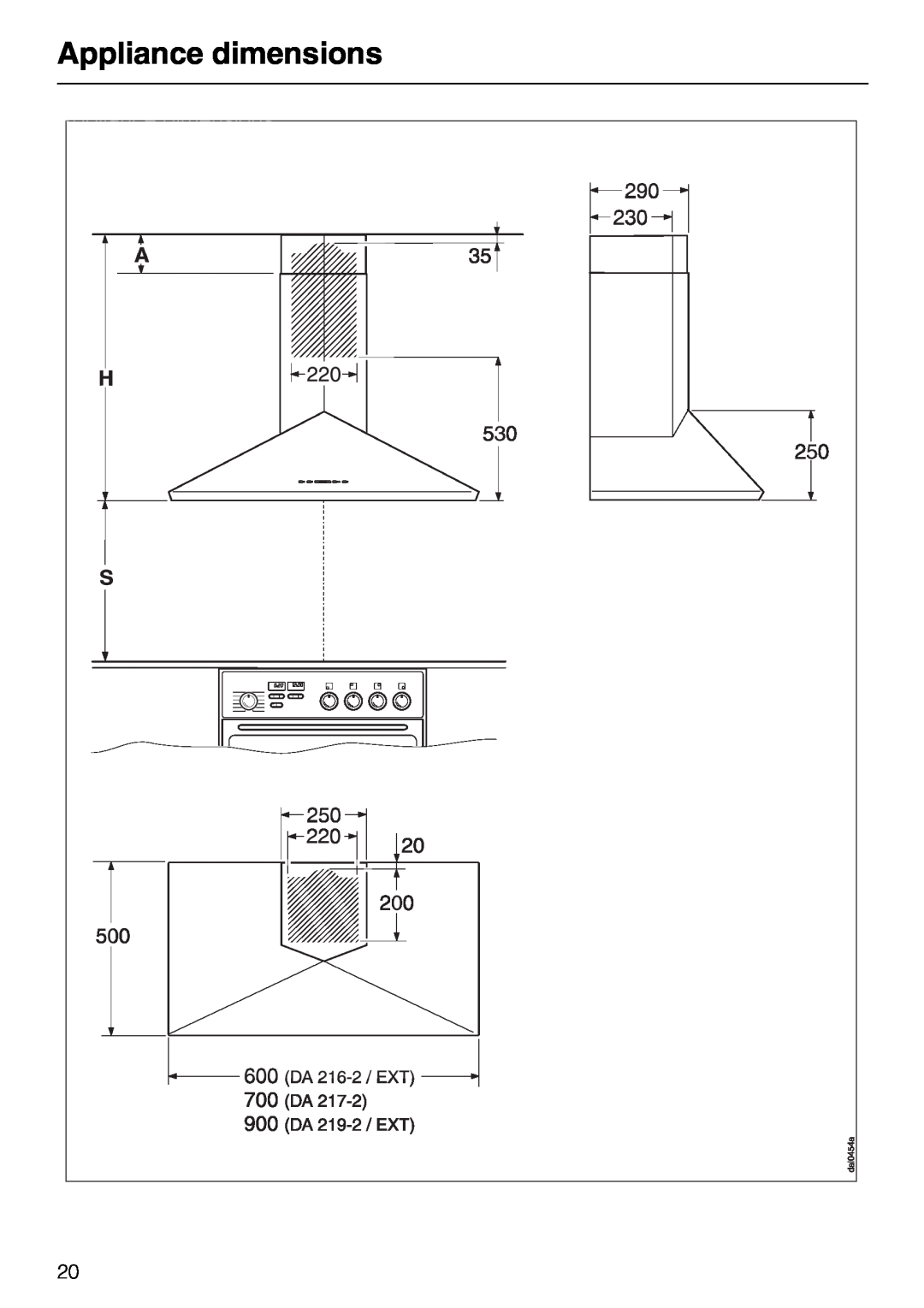 Miele DA 216-2 EXT, DA 219-2 EXT, DA 217-2 installation instructions Appliance dimensions 
