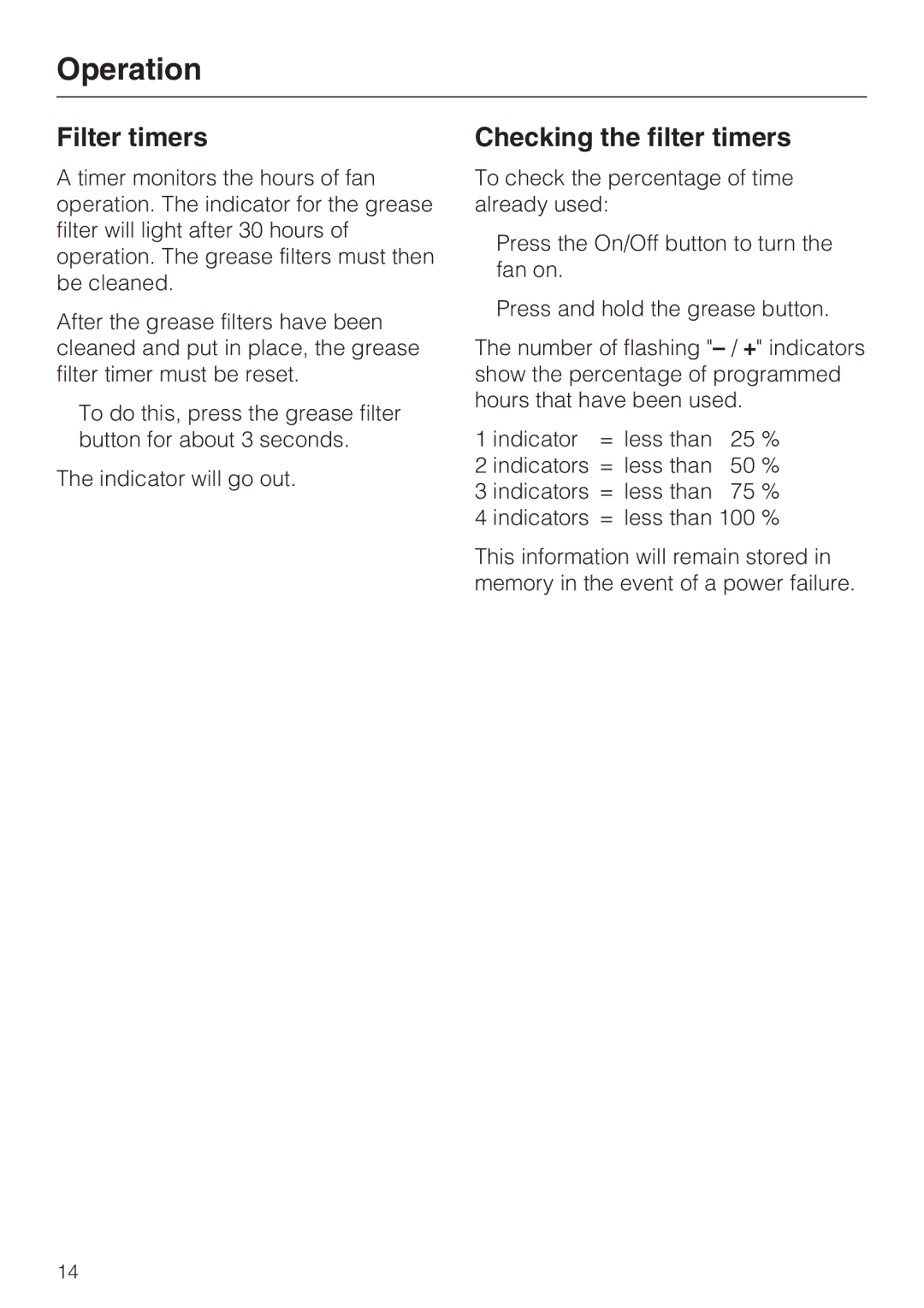 Miele DA 220-4 installation instructions Filter timers, Checking the filter timers 