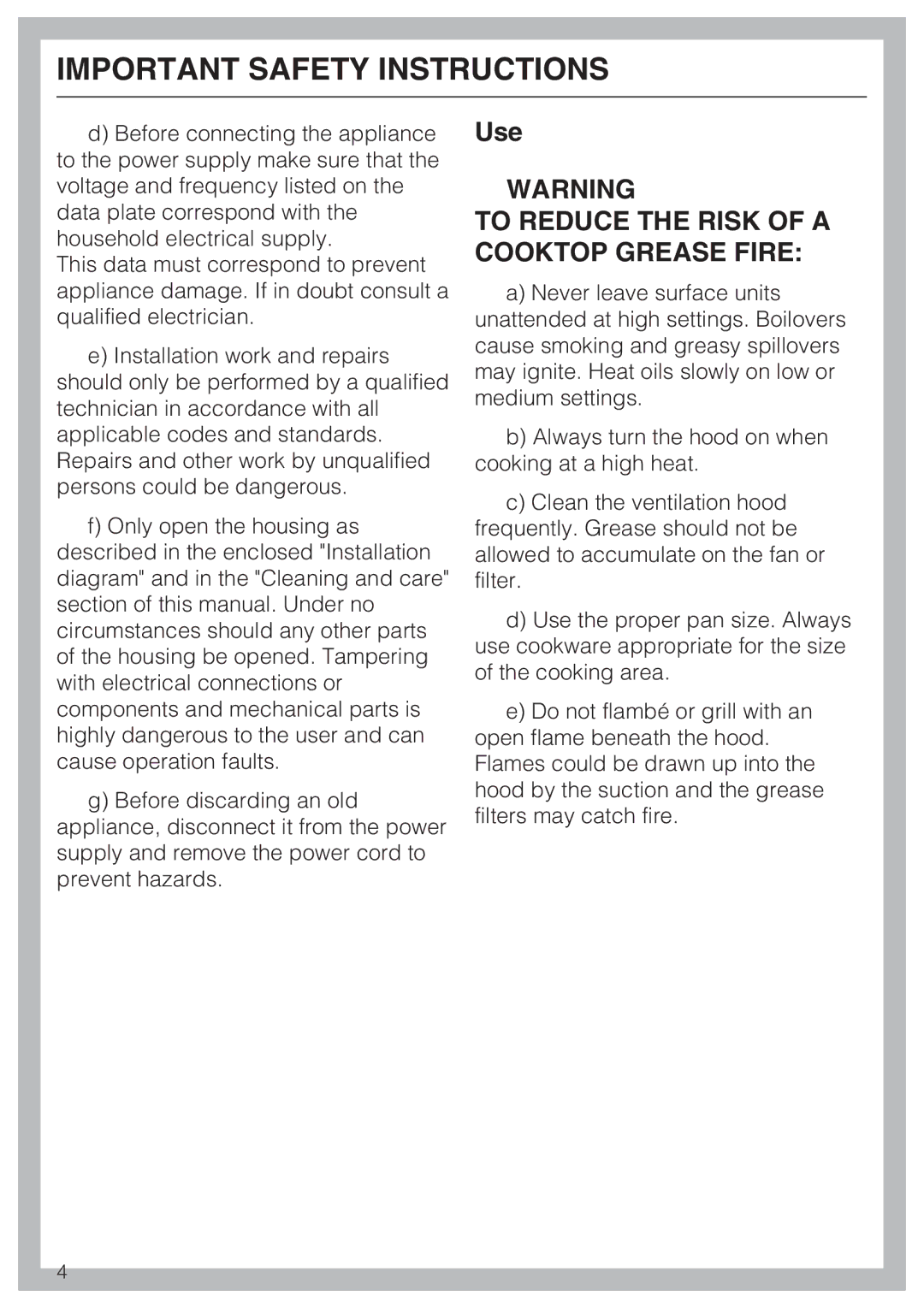 Miele DA 220-4 installation instructions Use, To Reduce the Risk of a Cooktop Grease Fire 