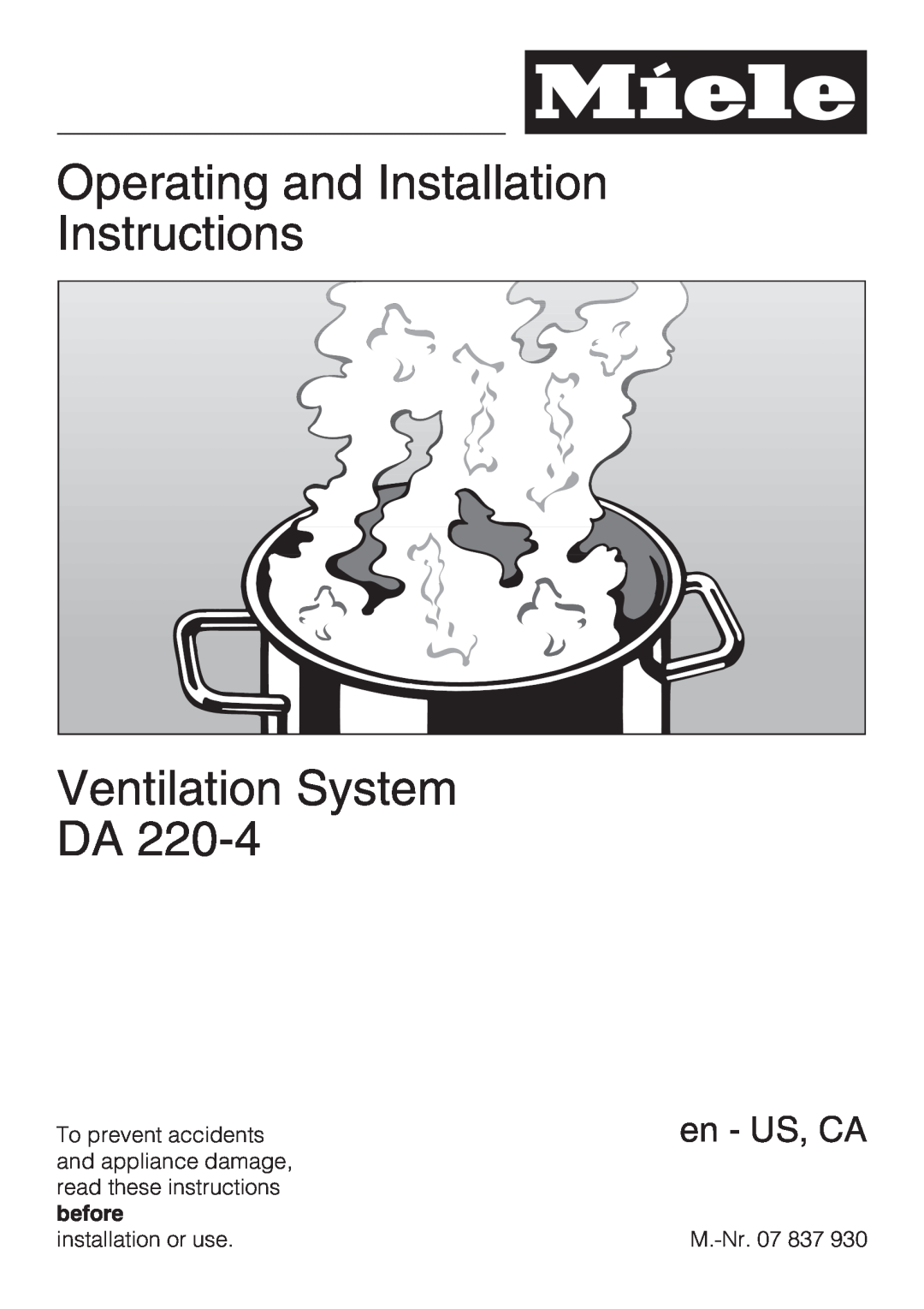 Miele DA 220-4 installation instructions Operating and Installation Instructions, Ventilation System DA, en - US, CA 