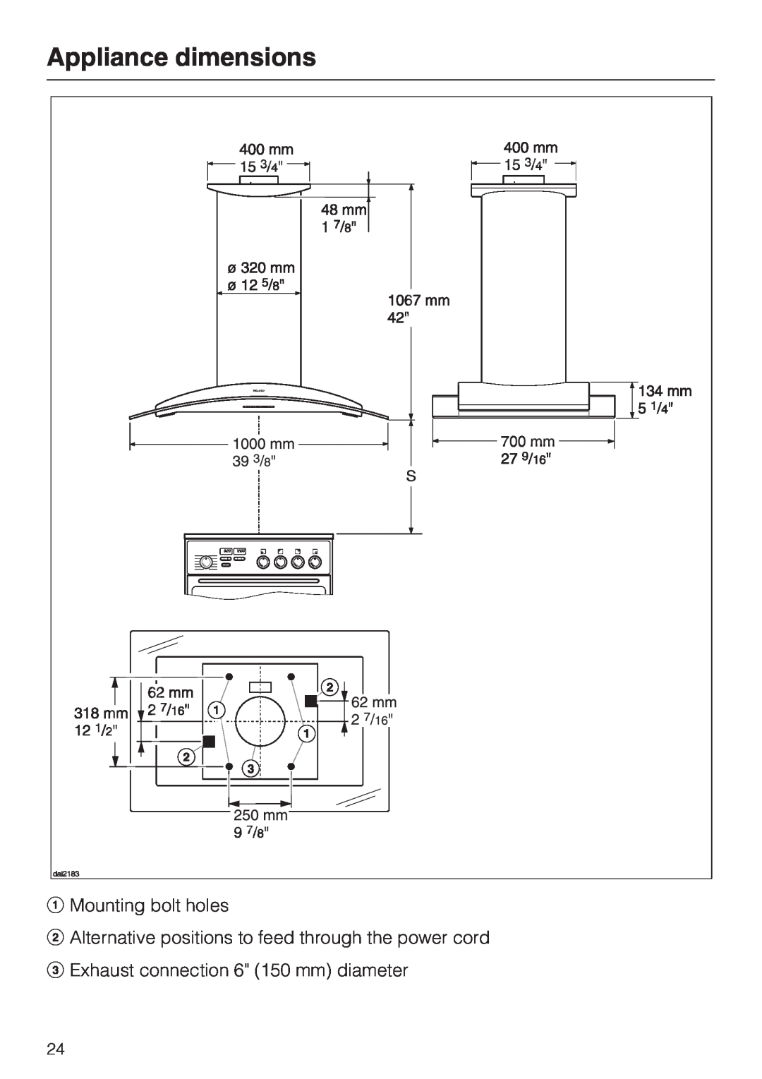 Miele DA 220-4 installation instructions Appliance dimensions, Mounting bolt holes, Exhaust connection 6 150 mm diameter 