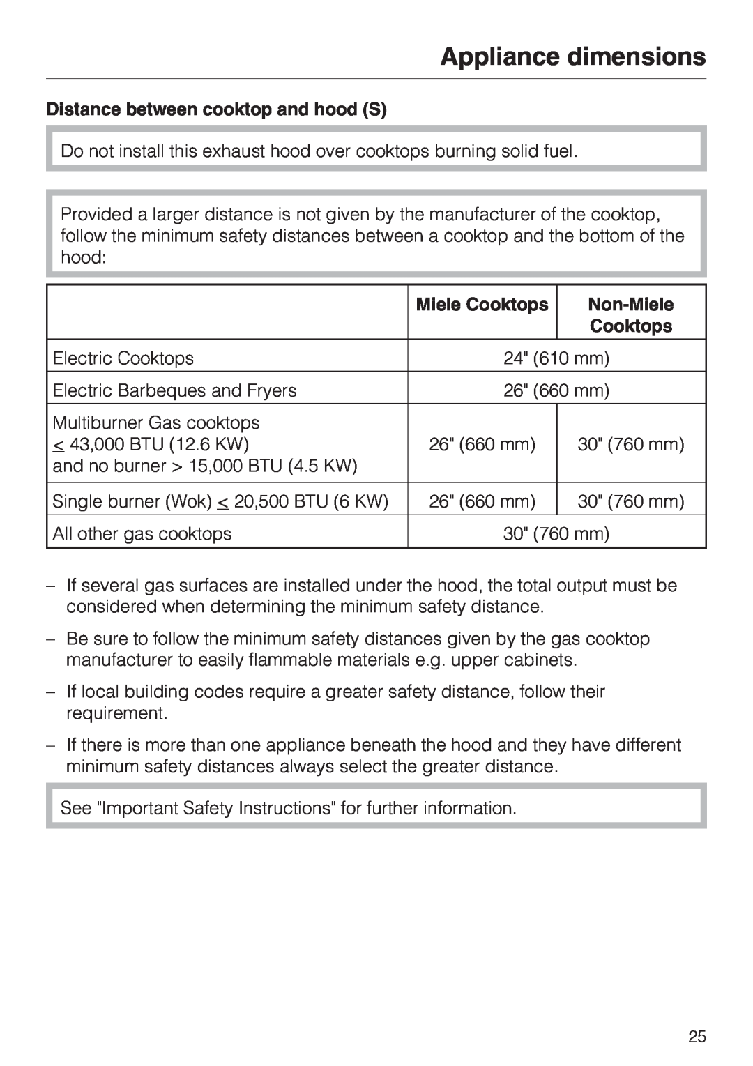 Miele DA 220-4 Appliance dimensions, Distance between cooktop and hood S, Miele Cooktops, Non-Miele 
