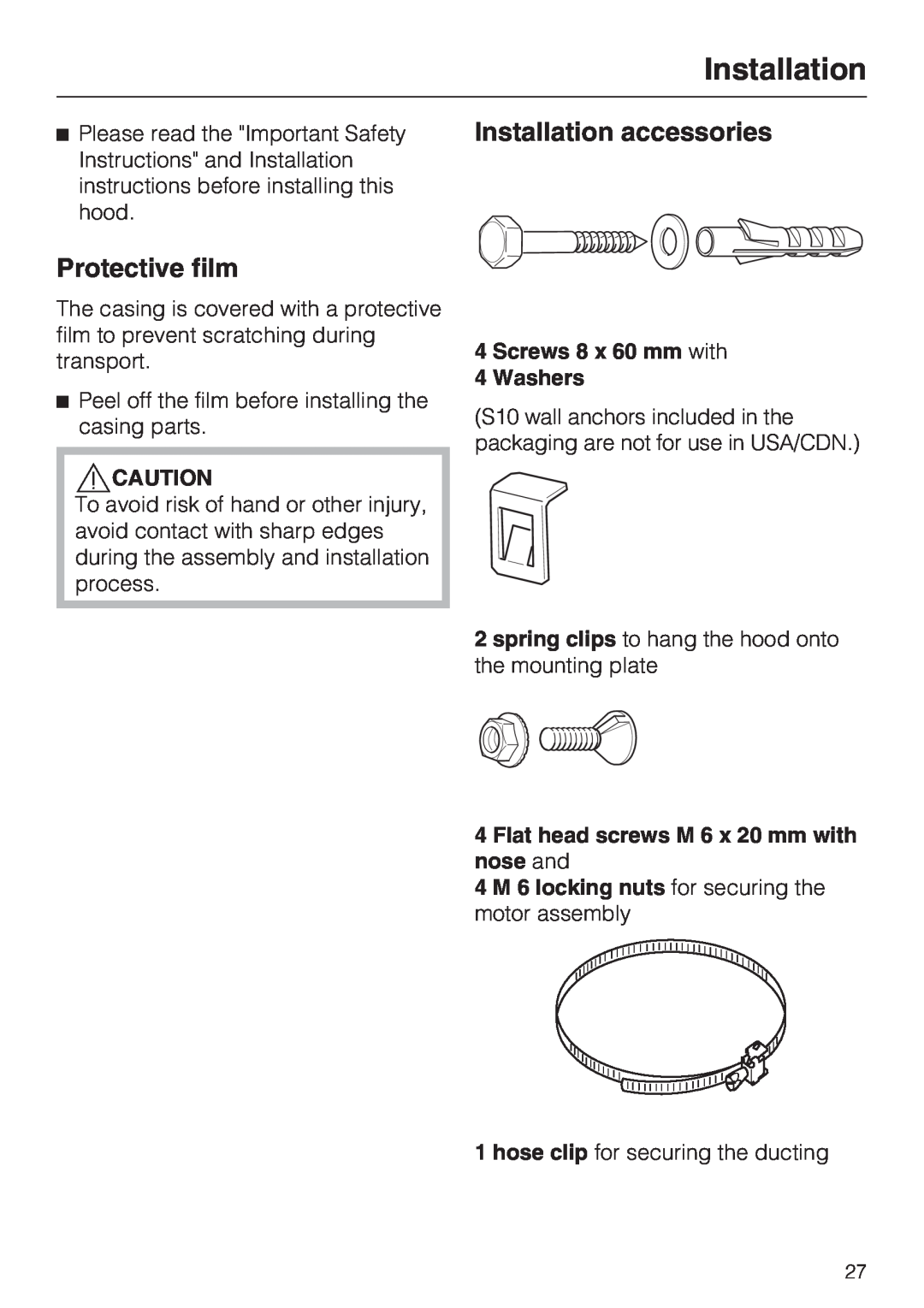 Miele DA 220-4 installation instructions Protective film, Installation accessories 