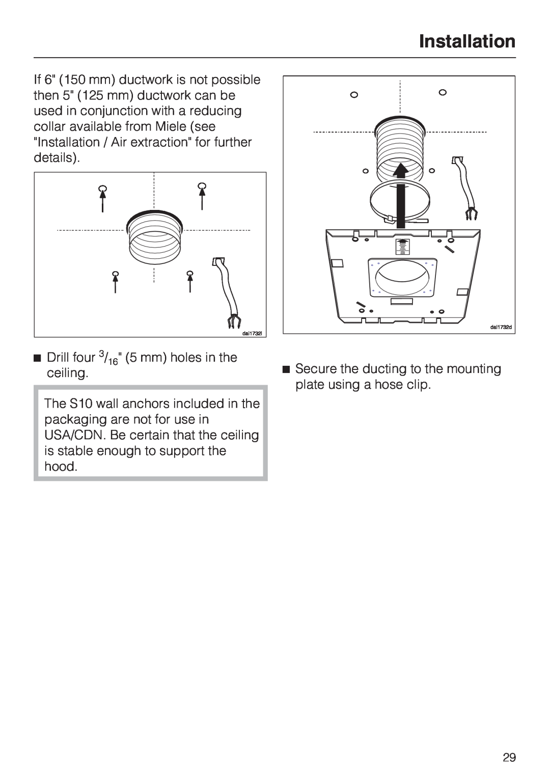 Miele DA 220-4 installation instructions Installation, Drill four 3/16 5 mm holes in the ceiling 