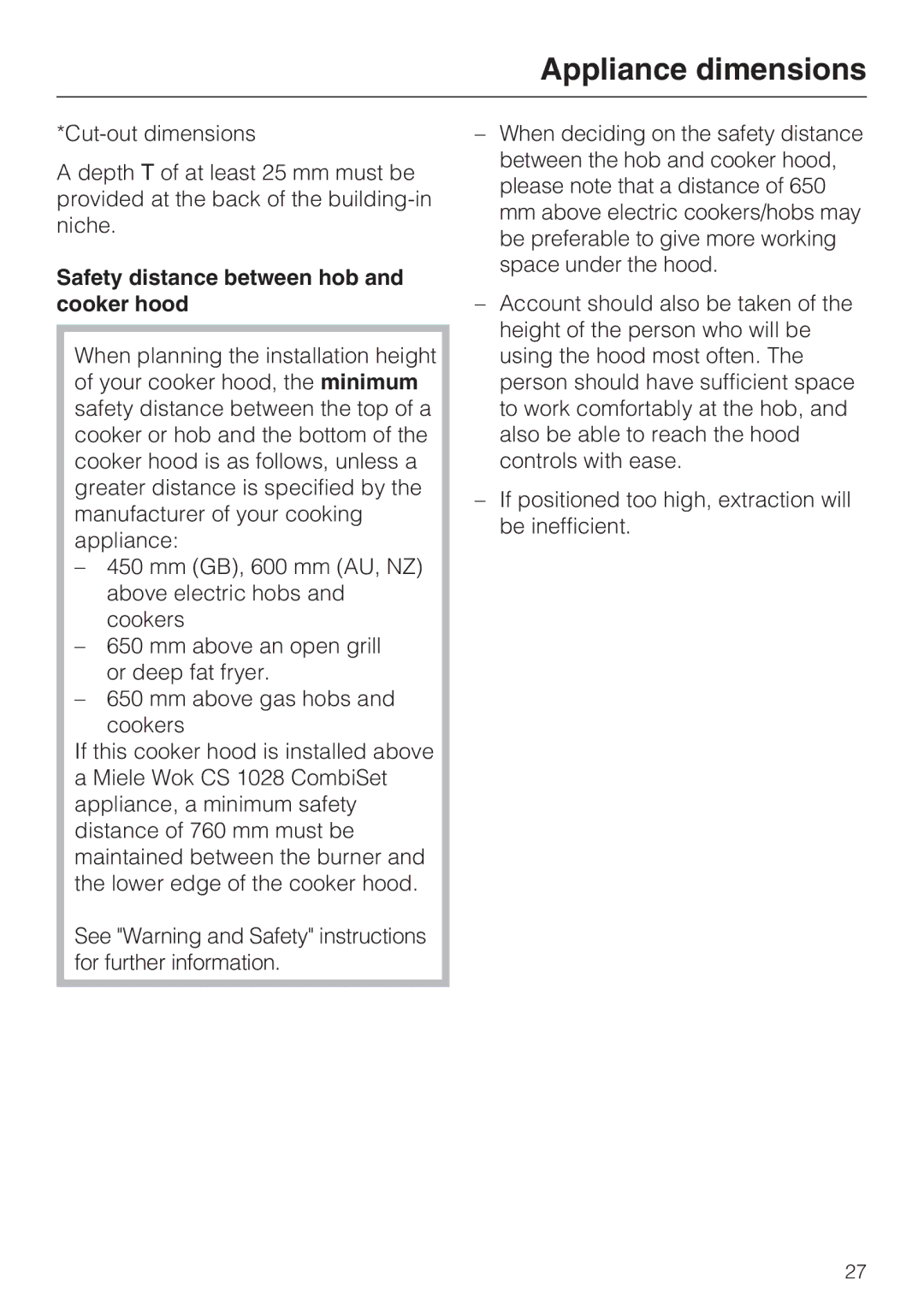 Miele DA 2210, DA 2270 EXT, DA 2250 EXT installation instructions Safety distance between hob and cooker hood 