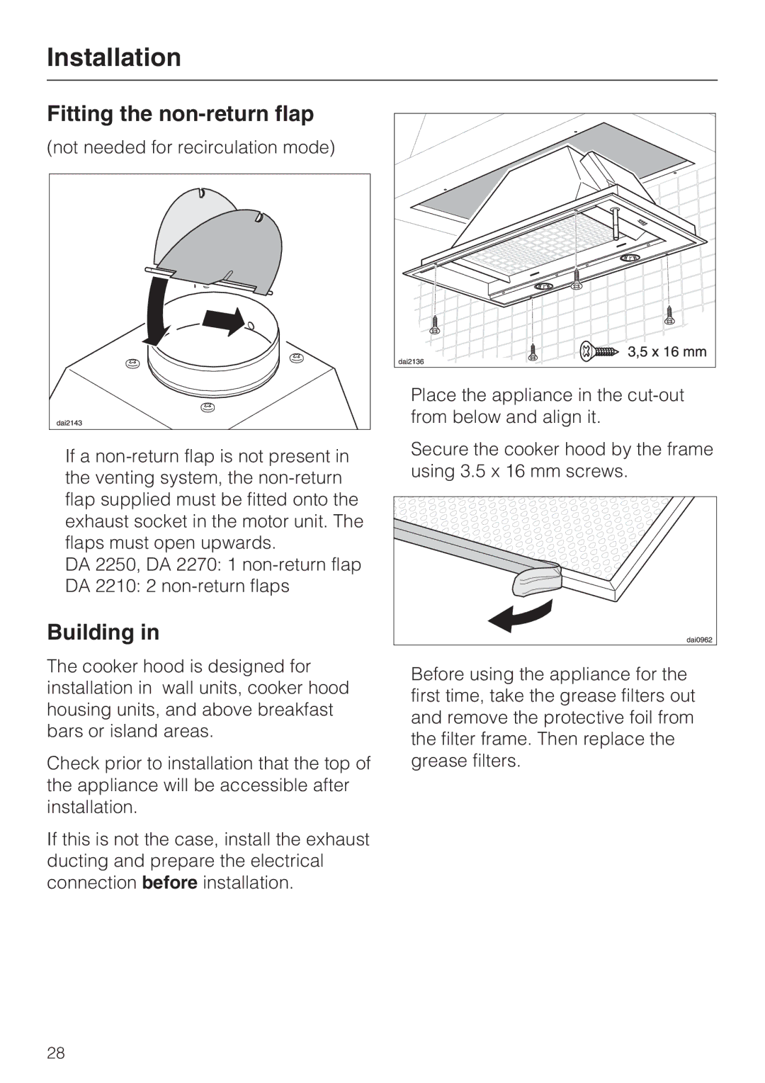 Miele DA 2250 EXT, DA 2270 EXT, DA 2210 installation instructions Installation, Fitting the non-return flap, Building 