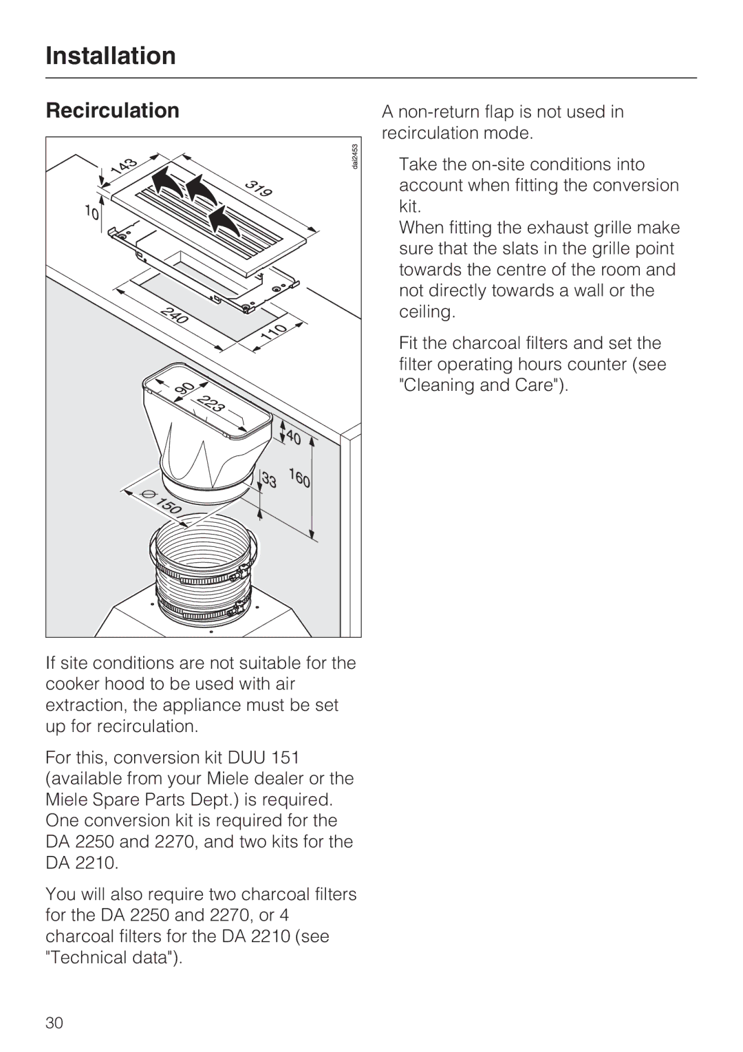 Miele DA 2270 EXT, DA 2210, DA 2250 EXT installation instructions Recirculation 