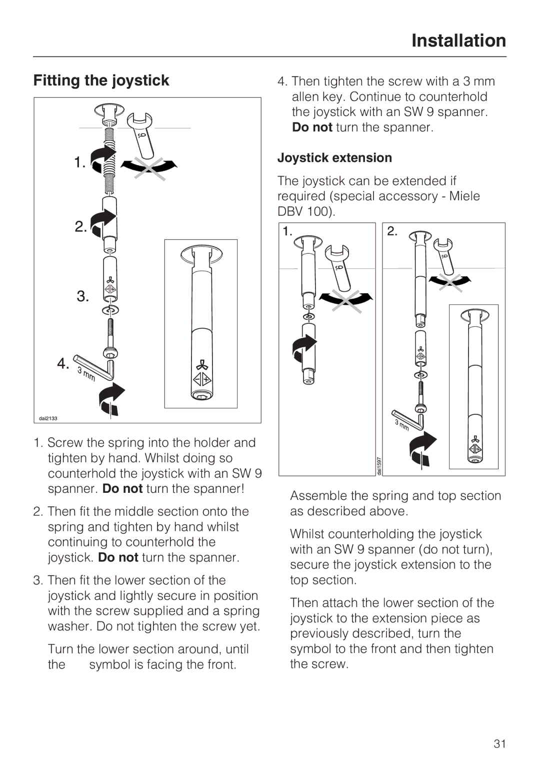 Miele DA 2270 EXT, DA 2210, DA 2250 EXT installation instructions Fitting the joystick, Joystick extension 