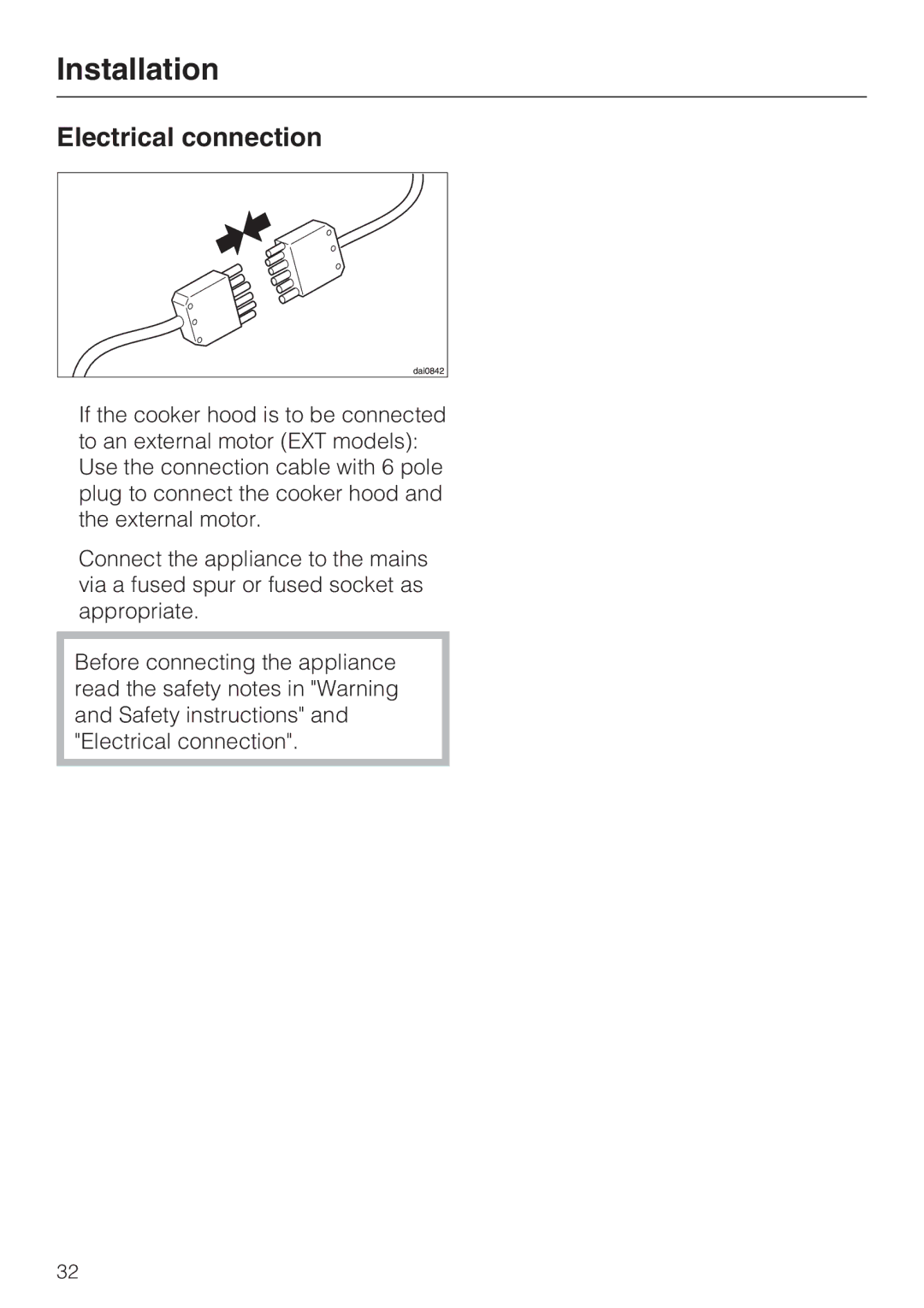 Miele DA 2210, DA 2270 EXT, DA 2250 EXT installation instructions Electrical connection 