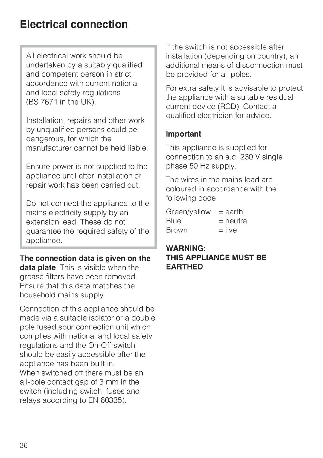 Miele DA 2270 EXT, DA 2210, DA 2250 EXT installation instructions Electrical connection 