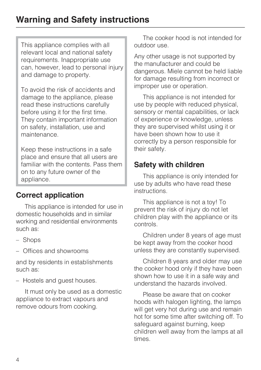 Miele DA 2270 EXT, DA 2210, DA 2250 EXT installation instructions Correct application, Safety with children 