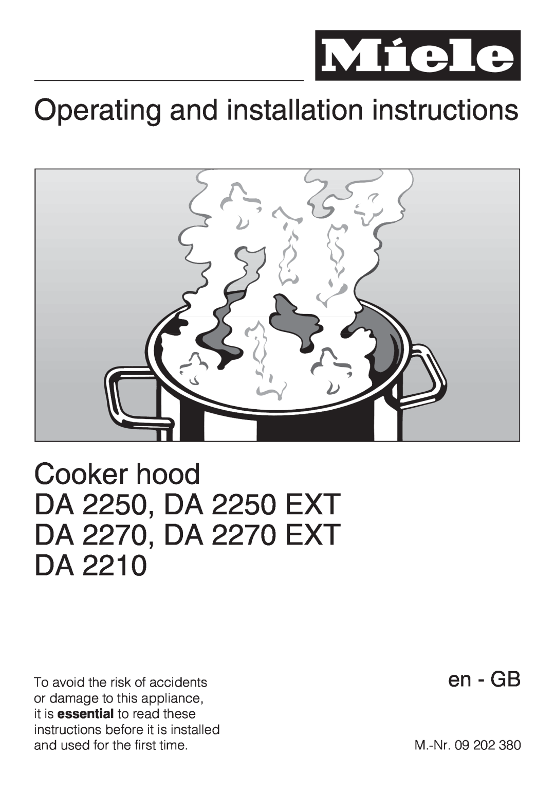 Miele DA 2270 installation instructions Operating and installation instructions, Cooker hood DA 2250, DA 2250 EXT, en - GB 