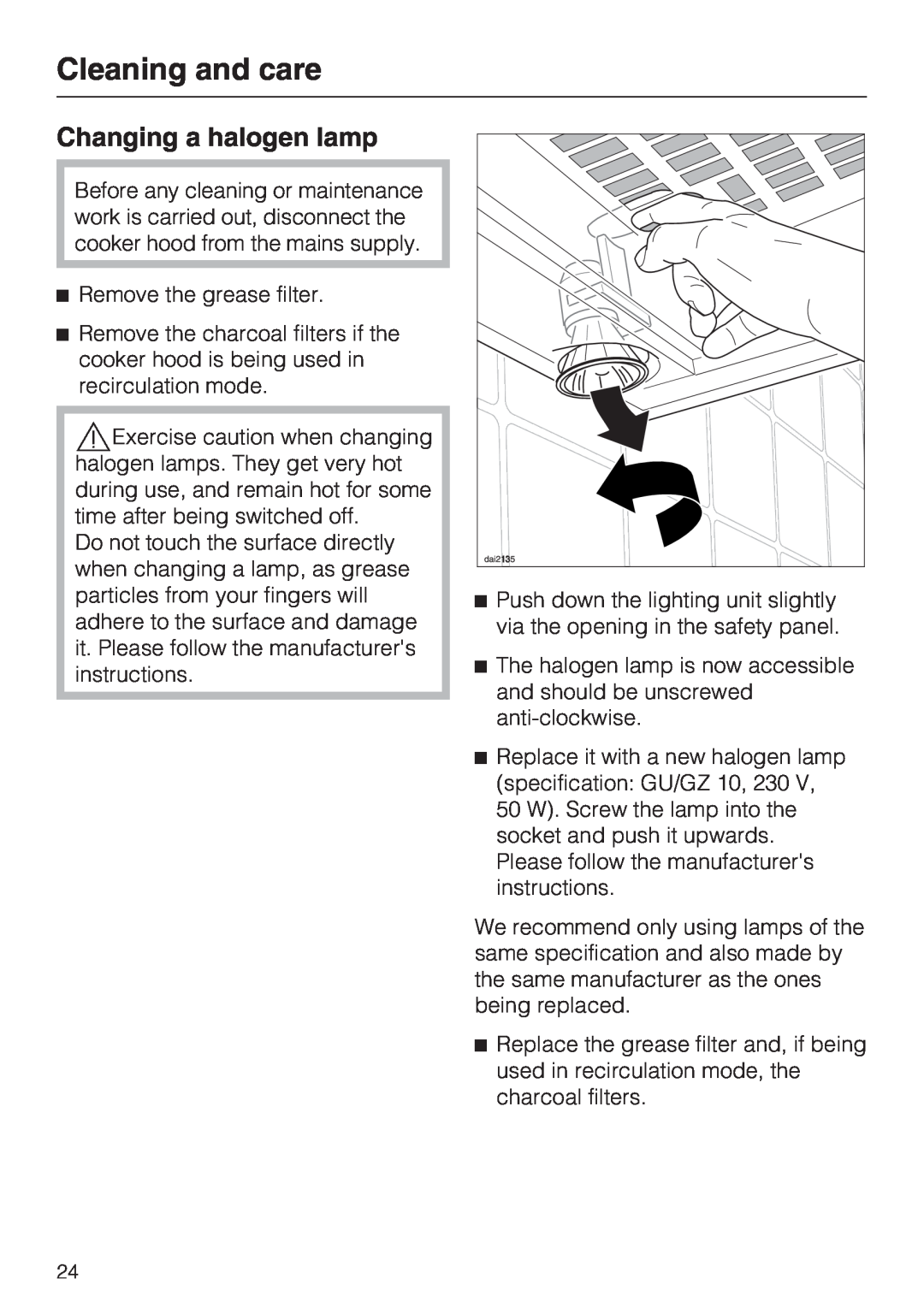 Miele DA 2270 EXT, DA 2210, DA 2250 EXT installation instructions Changing a halogen lamp, Cleaning and care 