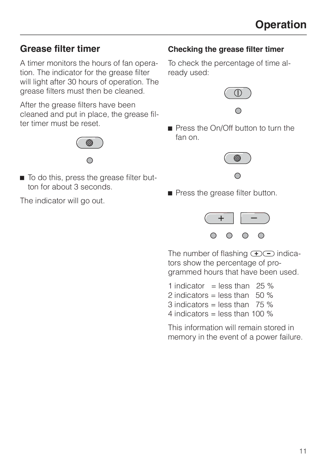 Miele DA 229-2 installation instructions Grease filter timer, Checking the grease filter timer 