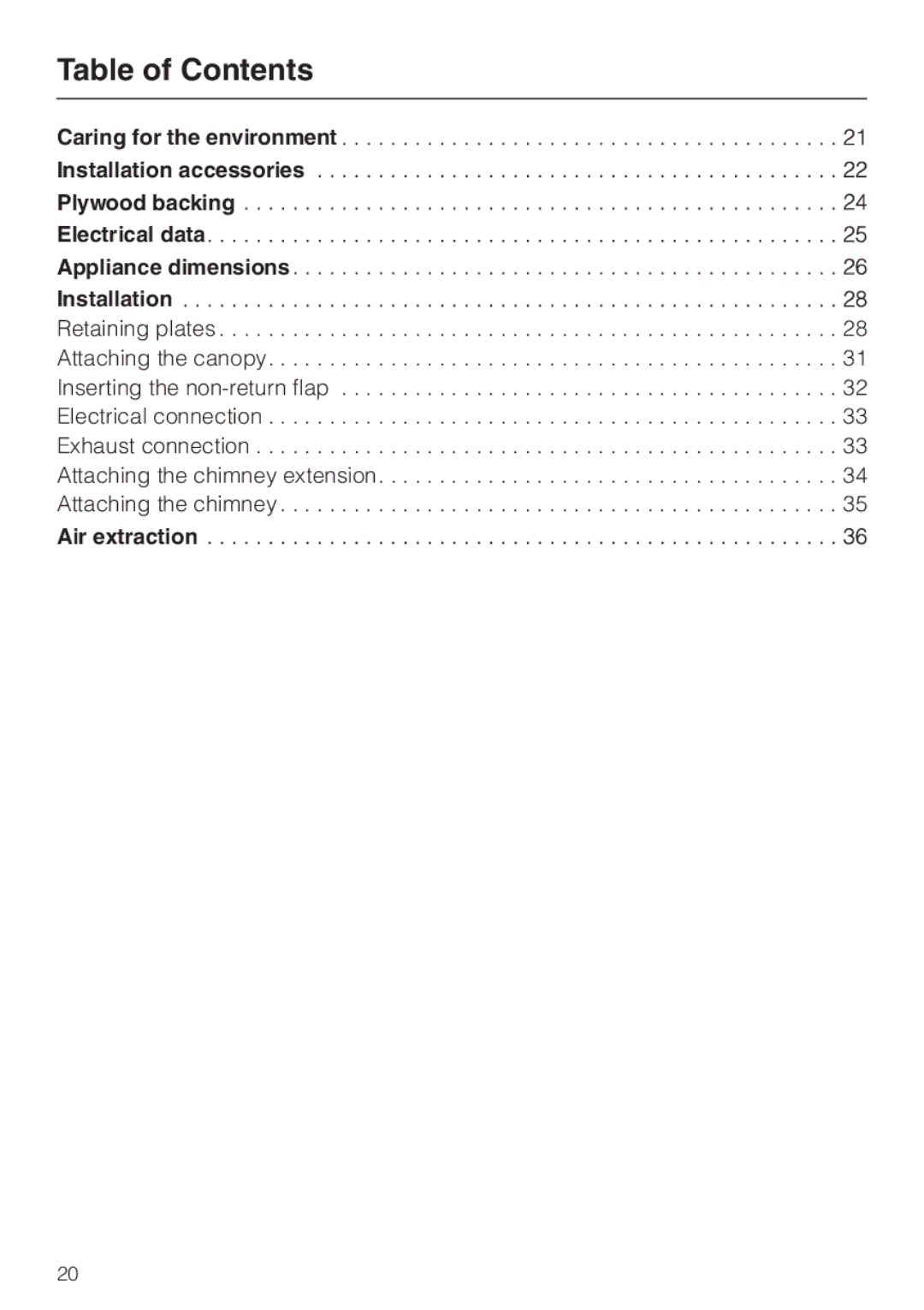 Miele DA 229-2 installation instructions Table of Contents, Air extraction 