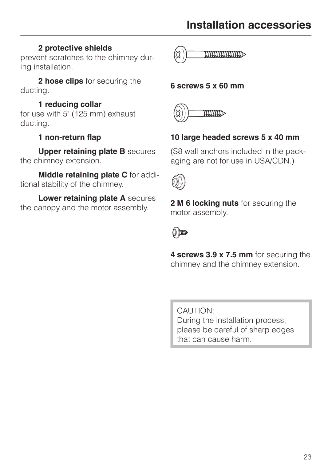 Miele DA 229-2 installation instructions Protective shields, Reducing collar 