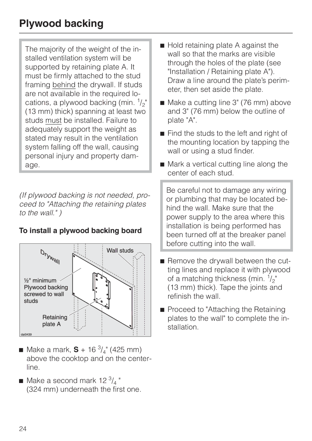 Miele DA 229-2 installation instructions Plywood backing, To install a plywood backing board 