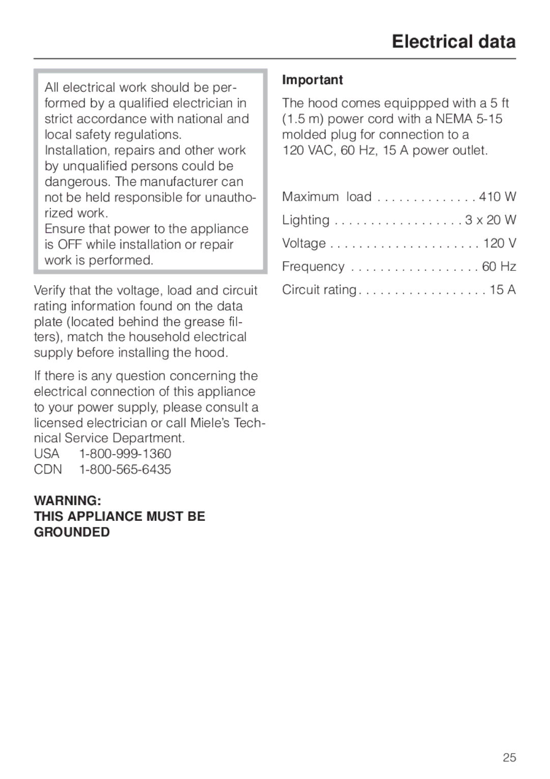 Miele DA 229-2 installation instructions Electrical data, This Appliance Must be Grounded 