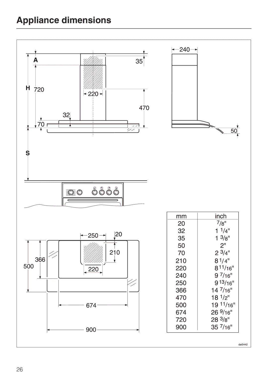 Miele DA 229-2 installation instructions Appliance dimensions 