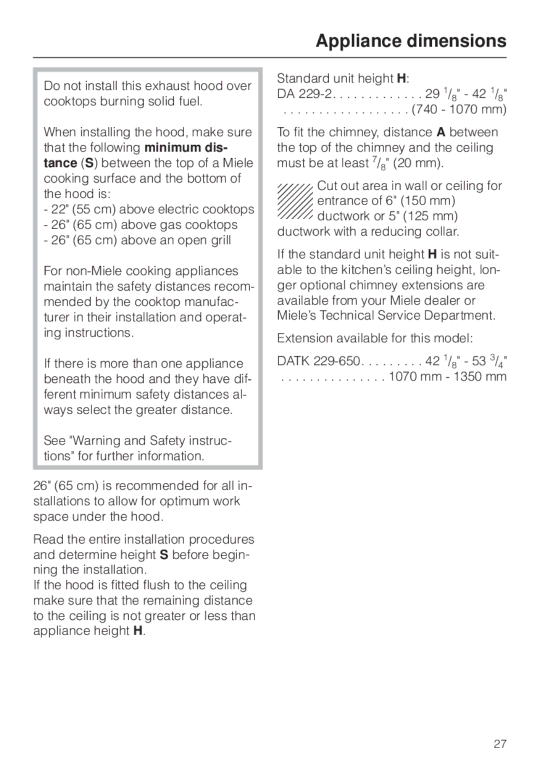 Miele DA 229-2 installation instructions Appliance dimensions 