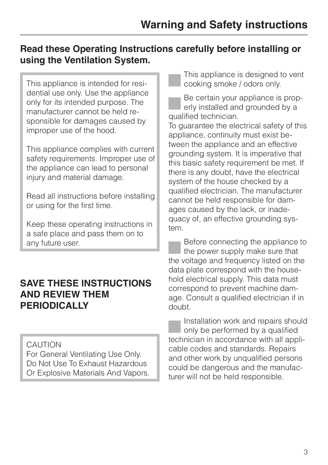 Miele DA 229-2 installation instructions Save These Instructions and Review Them Periodically 