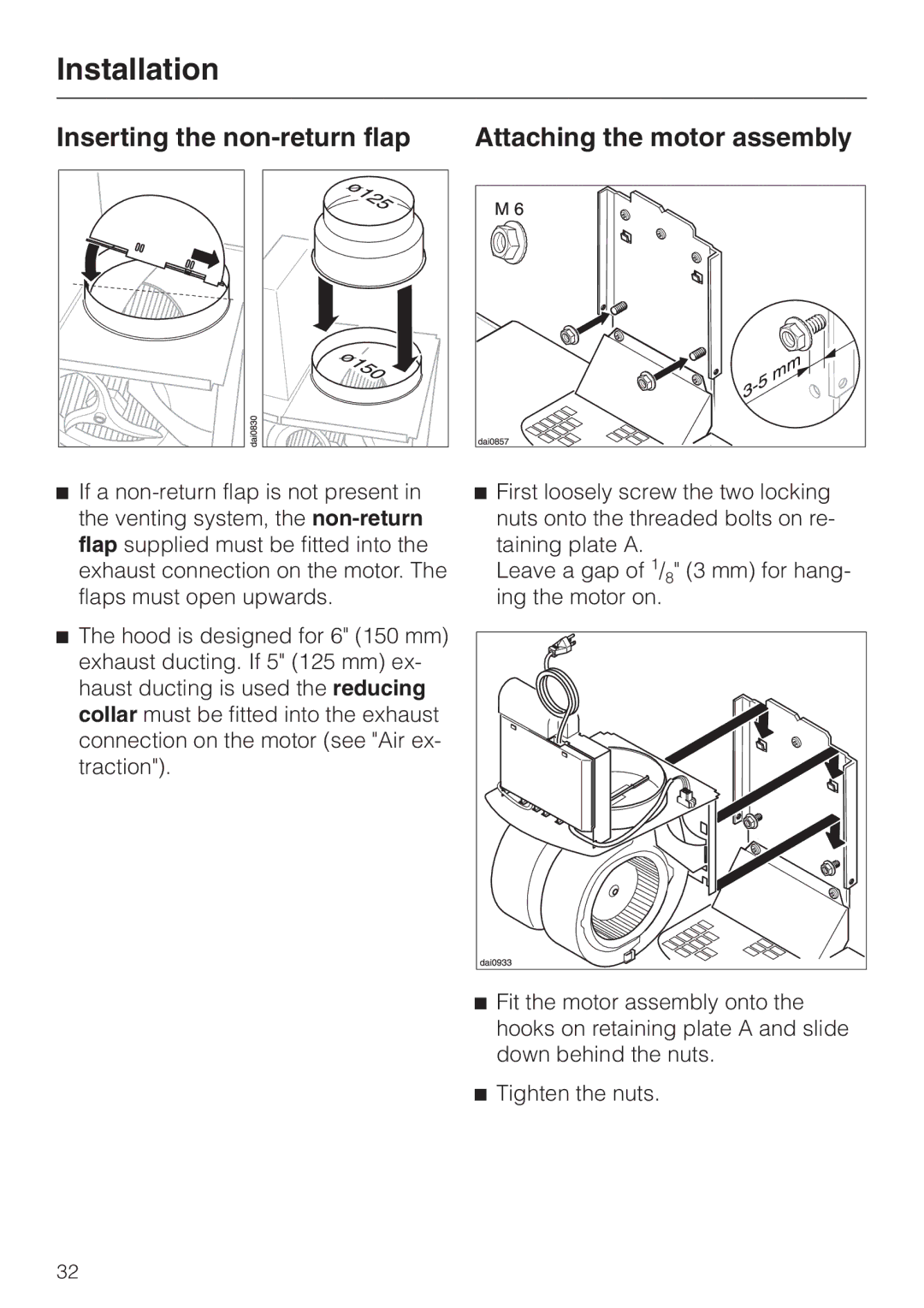 Miele DA 229-2 installation instructions Inserting the non-return flap Attaching the motor assembly 