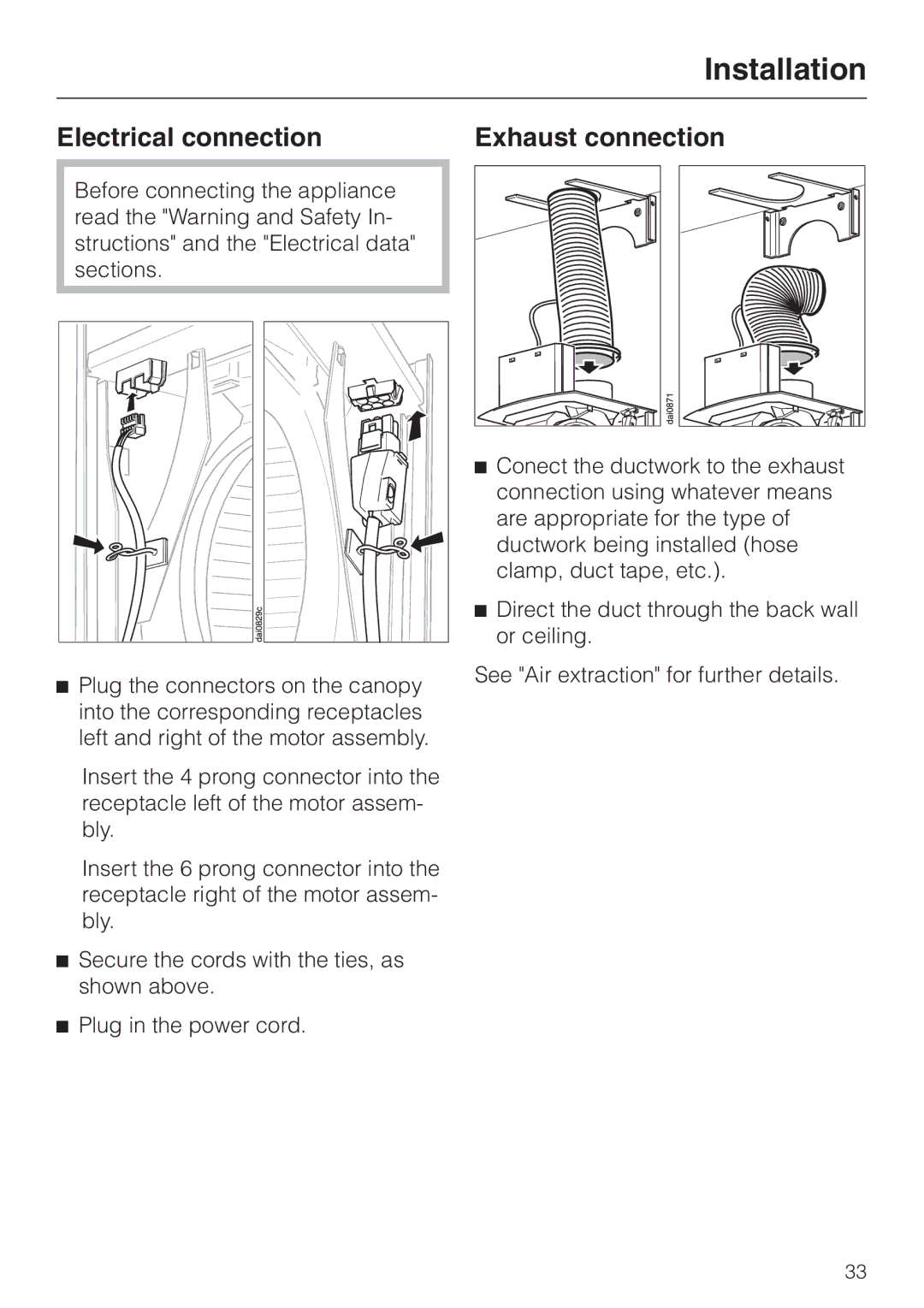 Miele DA 229-2 installation instructions Electrical connection, Exhaust connection 