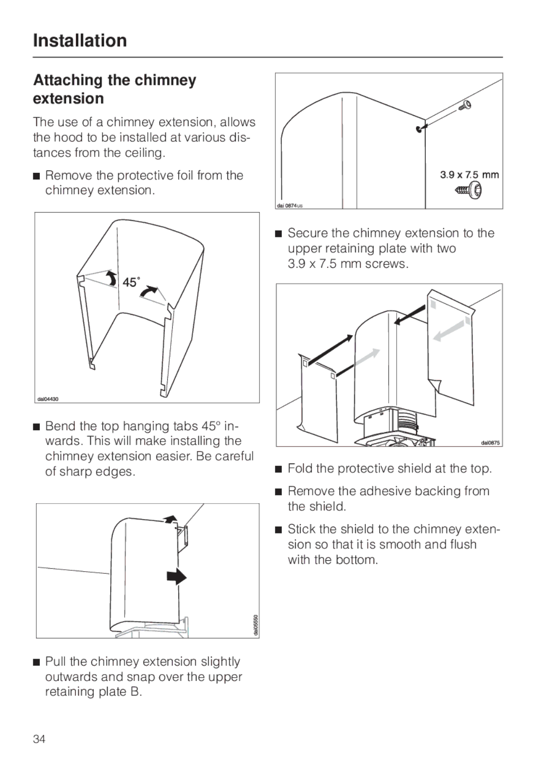 Miele DA 229-2 installation instructions Attaching the chimney extension 