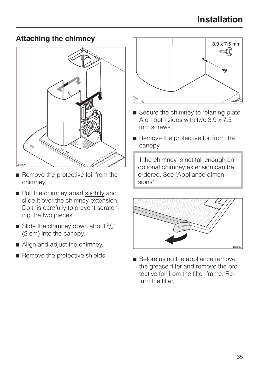 Miele DA 229-2 installation instructions Attaching the chimney 