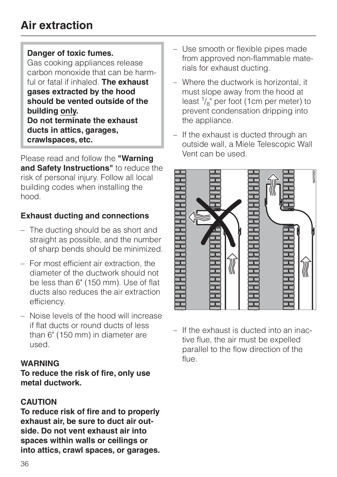 Miele DA 229-2 installation instructions Air extraction, Exhaust ducting and connections 