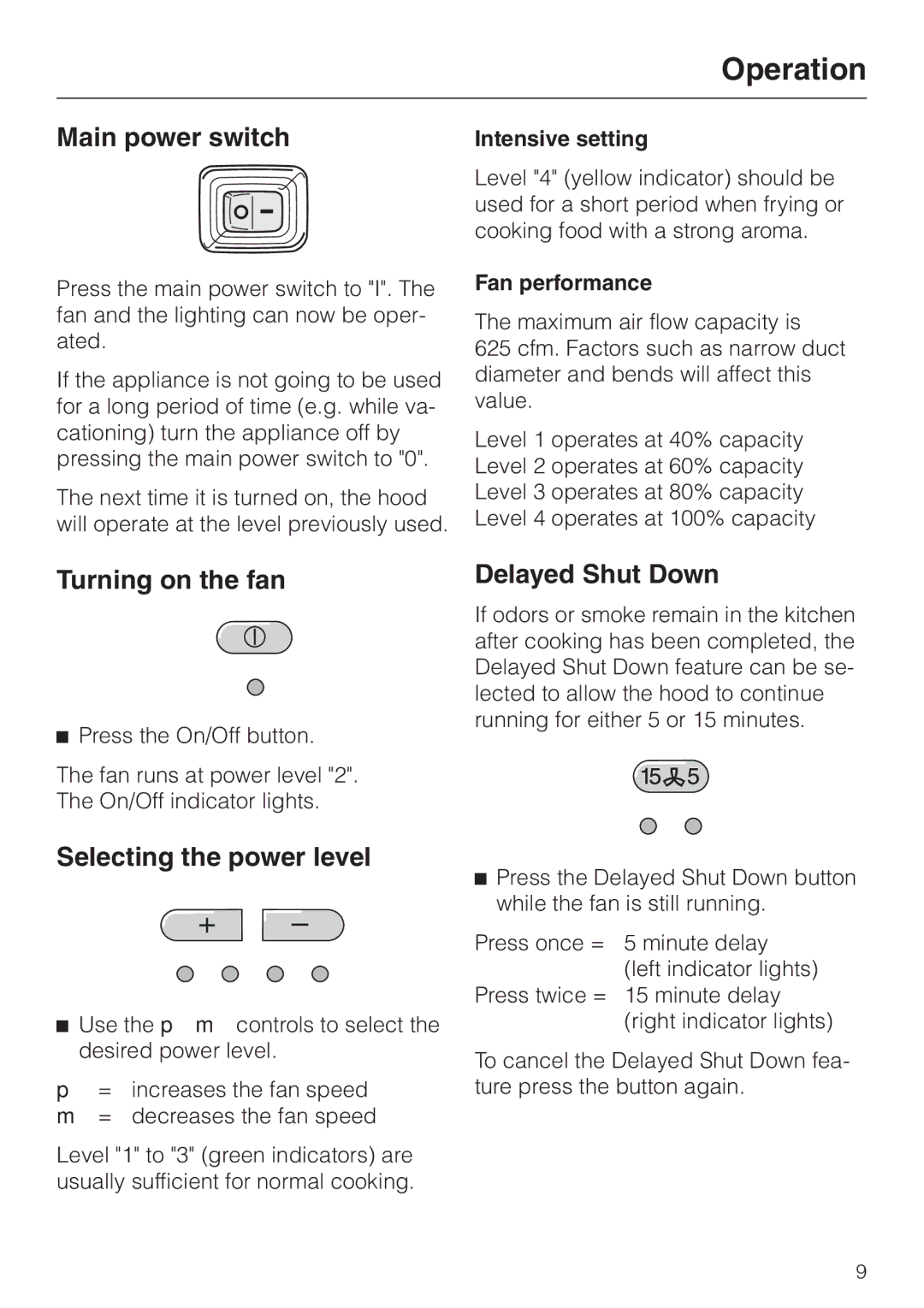 Miele DA 229-2 Operation, Turning on the fan, Selecting the power level, Intensive setting, Fan performance 